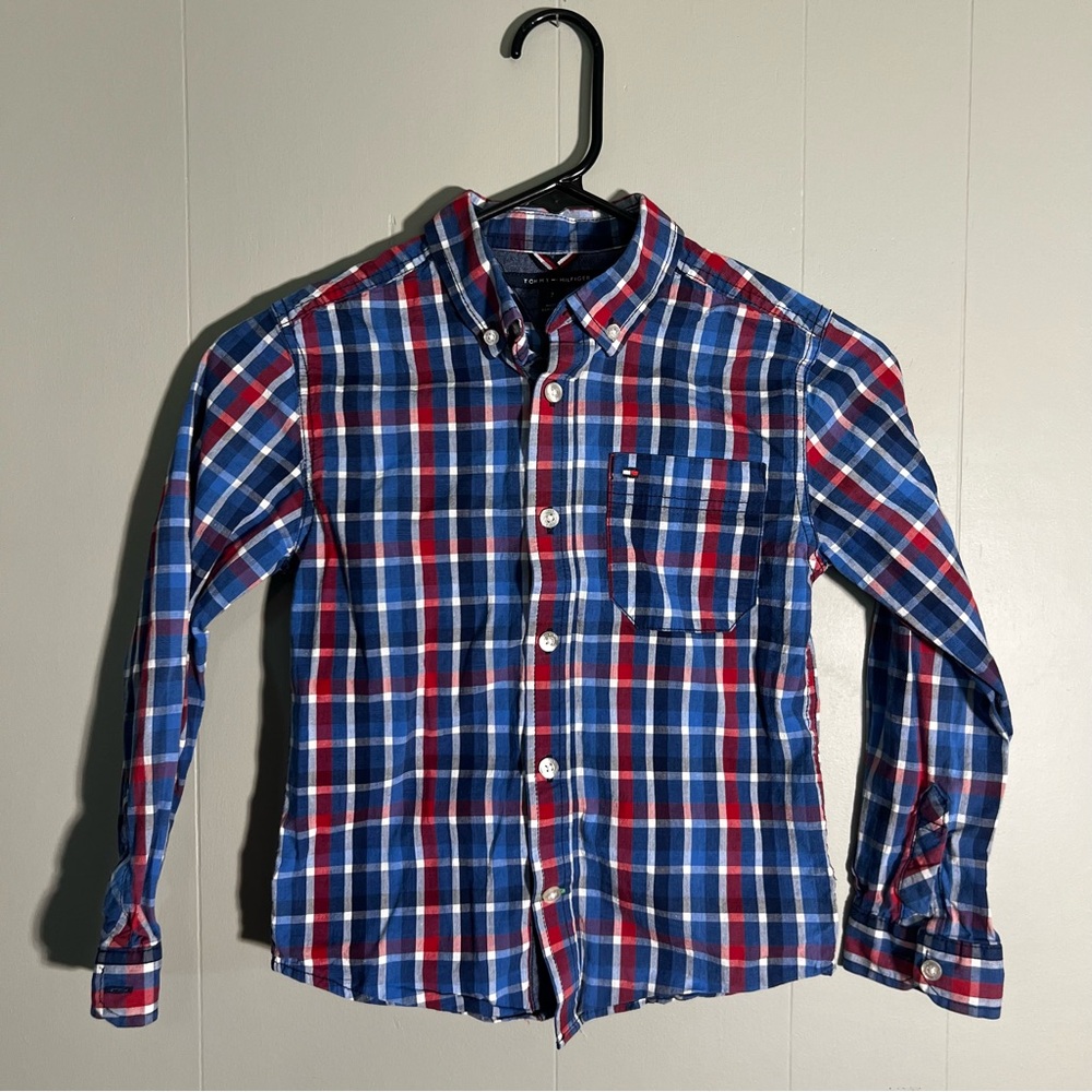 Tommy Hilfiger Boys 7 Plaid Button Down Long Sleeve Shirt Red Blue White Cotton